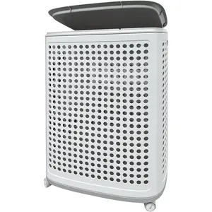 Rolling Laundry Basket with Lid, Portable Clothes Hamper for Home Indoor Use, Multi-Purpose Ventilated Plastic Storage Bin with Handle, Suitable for Dormitory, Bathroom, Bedroom, Medium Size, White