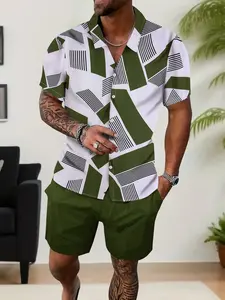 Plus Size Men's Army Green & White Geometric Stripes Print Casual Set - Short-Sleeve Lapel Shirt + Solid Army Green Drawstring Shorts, Lightweight Breathable Fabric, Relaxed Oversize Fit, Ideal for Summer Outdoor, Menswear