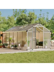 8X12FT Outdoor Greenhouse, Aluminum Polycarbonate Green House, Green Houses For Outside With Sliding Doors, Ajustable Roof Vent, Withstands Bad Weather For Garden, Or Backyard, Silver