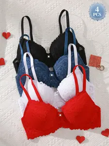 4PCS Women's Lace Push-Up Bra , Underwire Supportive Anti-Sagging, Adjustable Straps, Elegant Lace Backless Design, Breathable Comfortable Everyday for Daily Wear