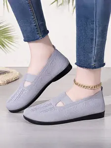 Women's Breathable Knit Mesh Slip-On Sports Shoes, Athletic Shoes, Round Toe Casual Style, Anti-Slip Outdoor Use, Comfortable Fashion Footwear, Walking Shoes Spring, Grey Available