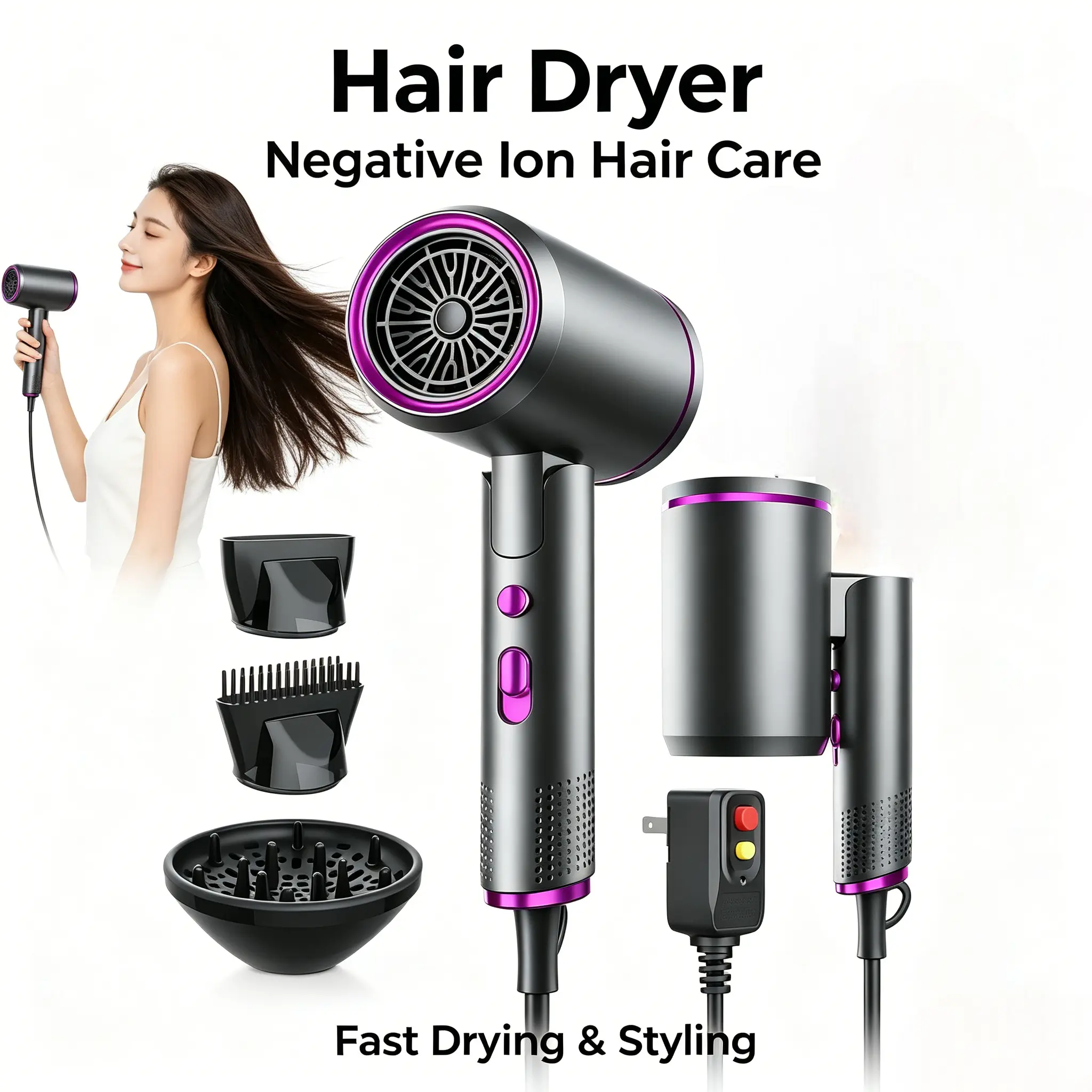 High-Speed Hair Dryer with Negative Ions for Hair Care, Constant Temperature, Quick Drying, Home Use, Powerful 1600W, Salon-Grade Strong Blow Dryer