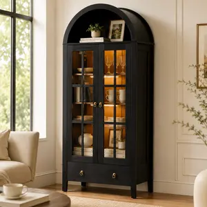 POUUIN 71" Tall Arched Display Cabinet with Glass Doors and LED Lights, Farmhouse Bookcase Storage Cabinet with Adjustable Shelves and Drawers, Freestanding Pantry Cupboard for Living Room, Kitchen and Dining Room