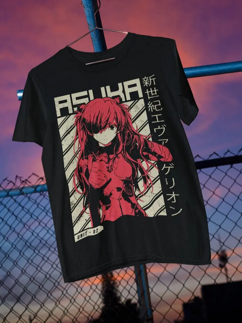 Menswear Men's Round Neck Short-Sleeve Soft Casual Loose Asuka Langley Graphic T-Shirt - Neon Genesis Evangelion Anime Merch, Vintage Aesthetic Streetwear Tops, Shortsleeve