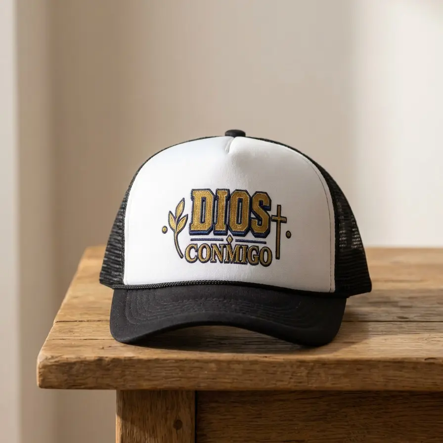 DIOS CONMIGO Inspirational Dad Hat, Trucker Hat,and Baseball Cap - White and Black Mesh Curved Brim, Religious Faith Slogan, Summer Beach Essential, 4th of July Hat for Men and Women, Gorras para Hombres y Mujeres, Dad Style Cap Daily Wear.