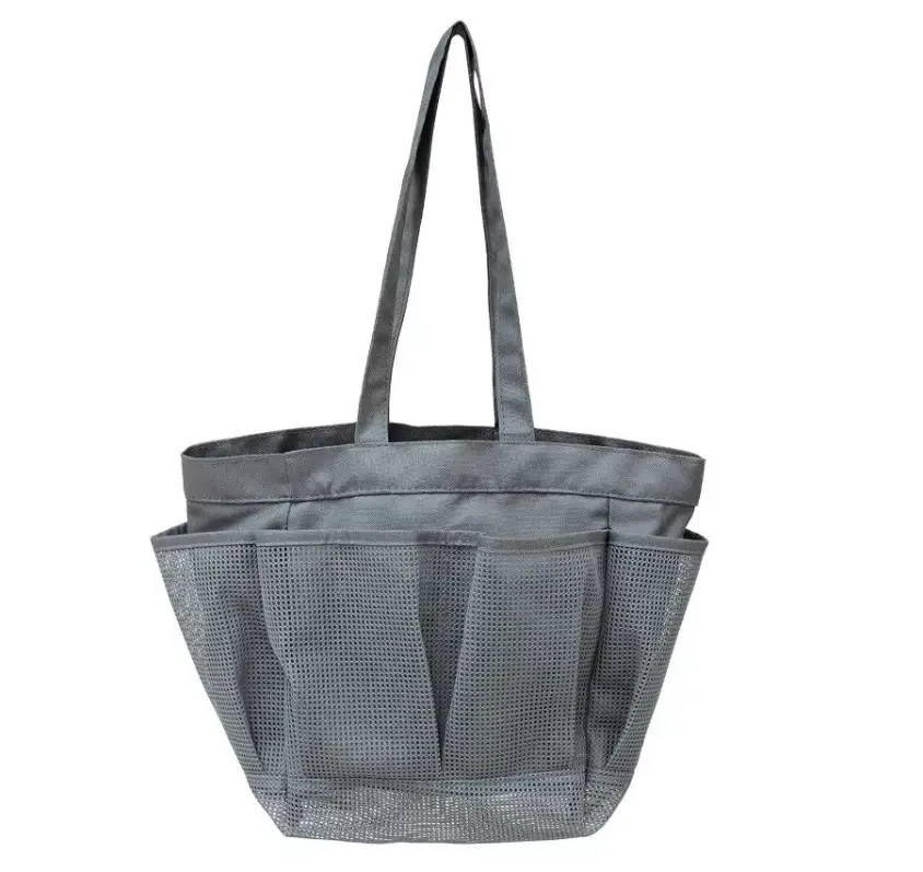 Room Essentials Gray Mesh Shower Caddy Tote, Multi-Pocket Portable Bath Organizer with Long Carry Handles