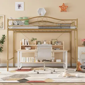 GAOMON Loft Bed Twin Size with Ladder & Full Safety Guardrail, Heavy Duty Metal Twin Loft Bed 400 Lbs Load Capacity, Space-Saving, Noise Free, No Box Spring Needed, Easy Assembly, Gold