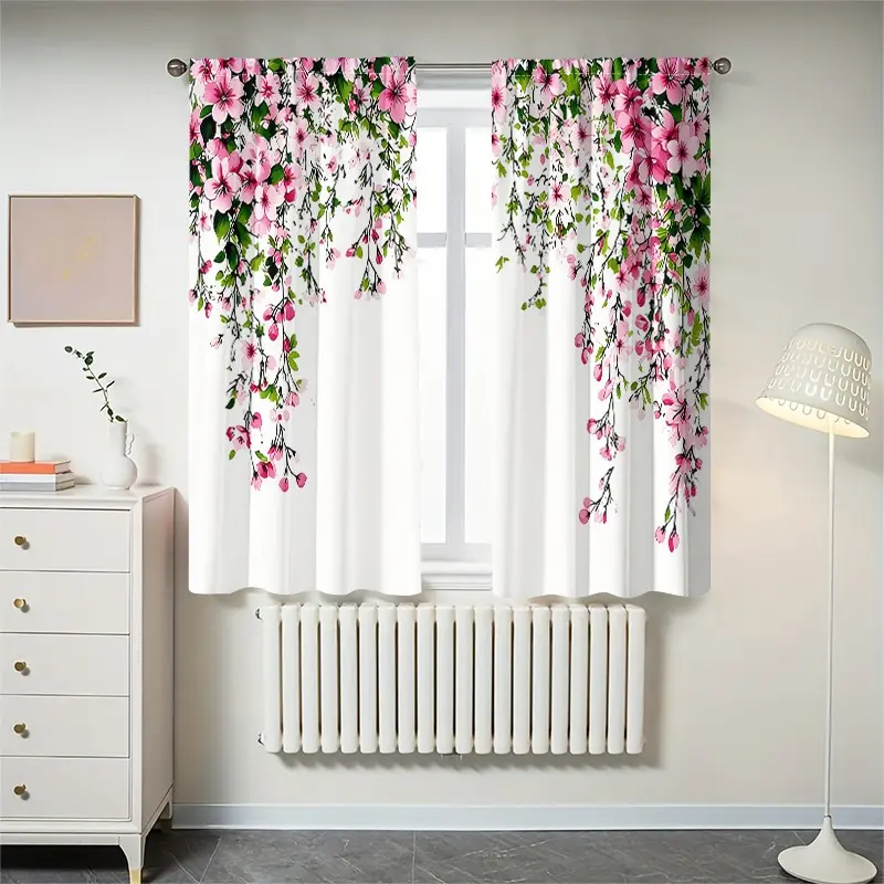 2 pieces of high-definition digital cherry blossom printed curtains. They offer semi-transparent protection for privacy, are resistant to fading, can be hand-washed or machine-washed, and are suitable for bedroom and living room home decoration.