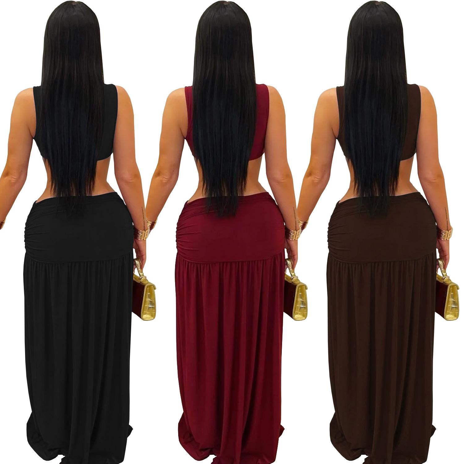 Fashion Women's Sexy Solid Color Sleeveless Crop Open Fork Dress