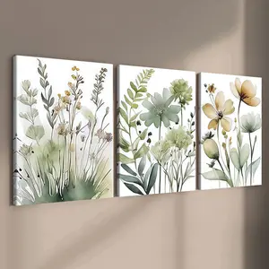 3-Piece Wood Frame Canvas Art Set, Modern Floral Plant Posters, Elegant Wall Decor for Living Room & Corridor, High-Definition Waterproof Prints, Modern Floral Paintings