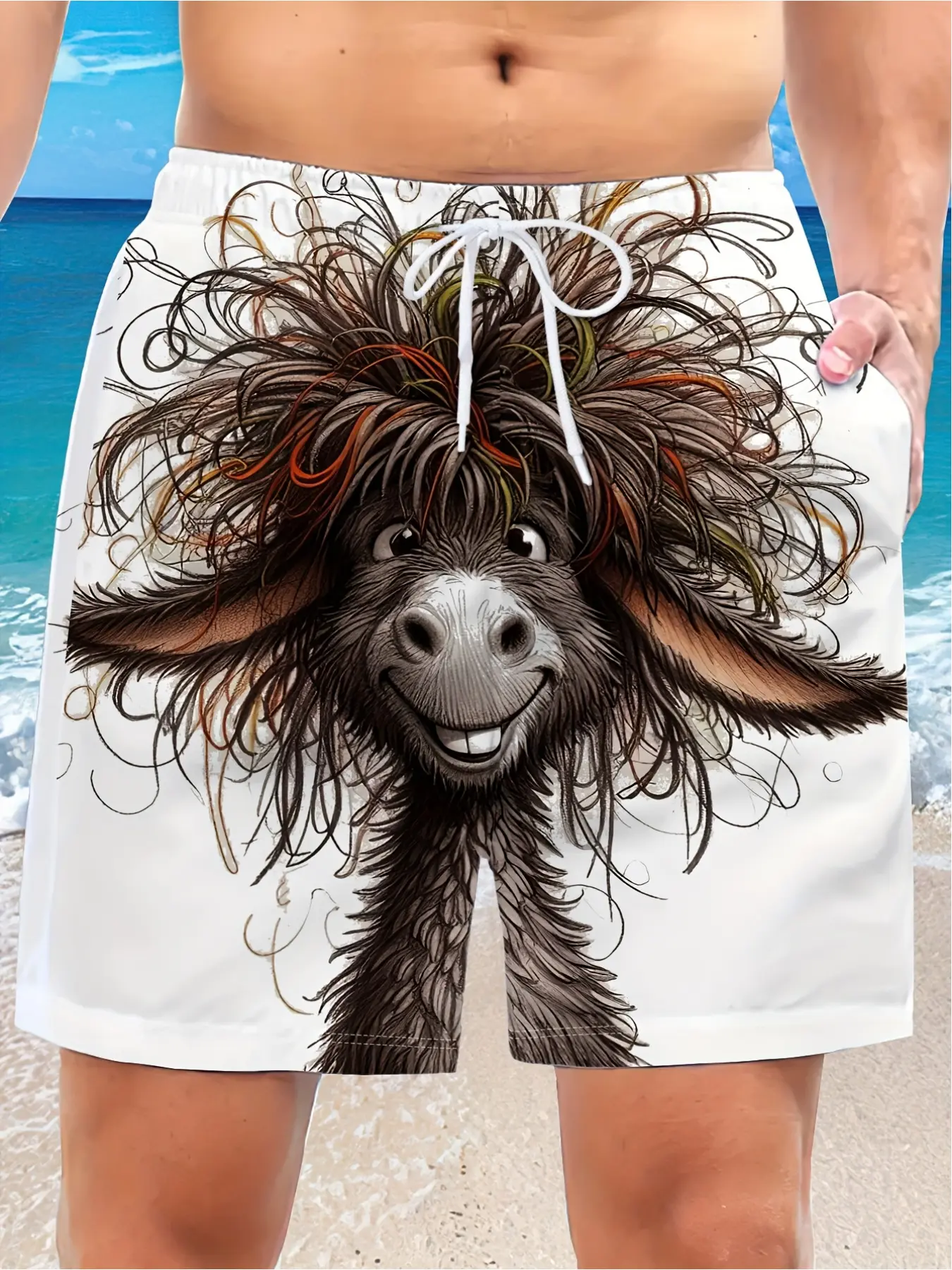 Men's oversized beach shorts, Swimming shorts, Swimwear Shorts, Beach Pool Wear, made of polyester fabric, featuring 3D printed patterns of a hand-drawn donkey and chicken, with quick-drying material, and a drawstring design, Perfect for summer surfing