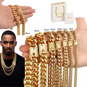 Cuban Link Chain Necklace for Men, 6mm/8mm/10mm/12mm/14mm Width, White diamond-set buckle/Stainless Steel/Gold Men's Chain-Link Hip-Hop Necklace, 7.5"-30" Length, Come Gift Box