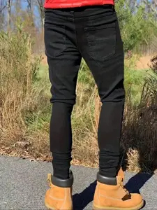 Men Fitted Casual Solid Color Jeans 2026 Elastic Straight Leg Pants Slant Pockets Soft Cotton All Seasons