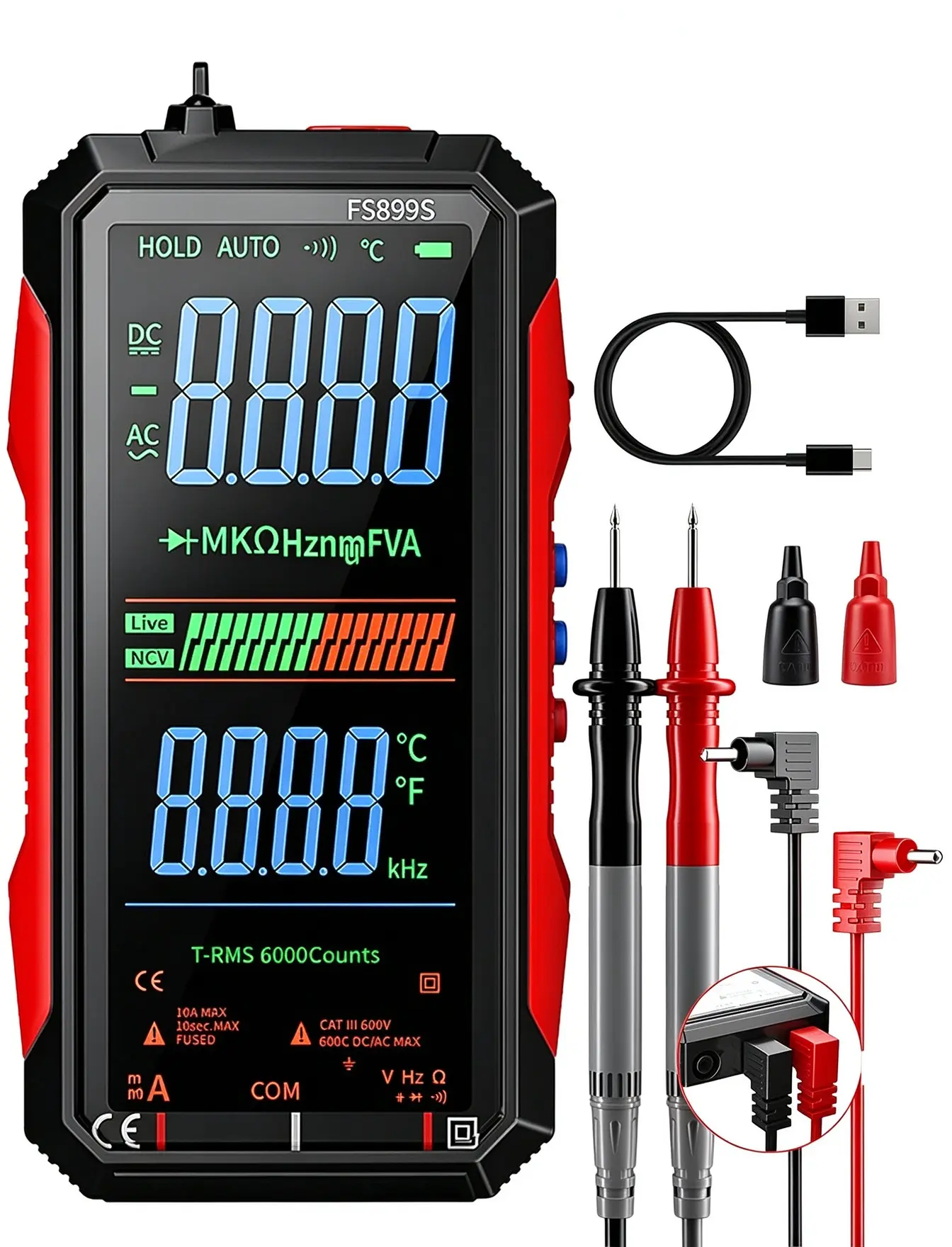 FS899S Smart Digital Multimeter, Automatic True RMS 6000 Counts, USB Rechargeable Voltmeter Ohmmeter with Full-Color LCD, Voice Broadcast & NCV, Volts Amp Ohm Tester for Automotive & Electricians toolupgrade