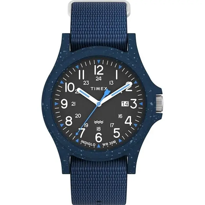 Timex Reclaim Ocean Recycled Fabric Mens Watch TW2V81800, 30M - 50M, 40Mm, Arabic Numerals, Round Face, Date, Classic, Indiglo Nightlight, Recycled Plastic, Ocean Material
