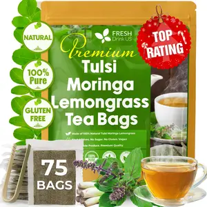 FreshDrinkUS, Premium 75 Tea Bags Tulsi Moringa Lemongrass, 100% Natural & Pure from Tulsi Holy Basil Leaves, Moringa & Lemongrass. Made with Natural Material Tea Bags. No Sugar, No Caffeine, Vegan.