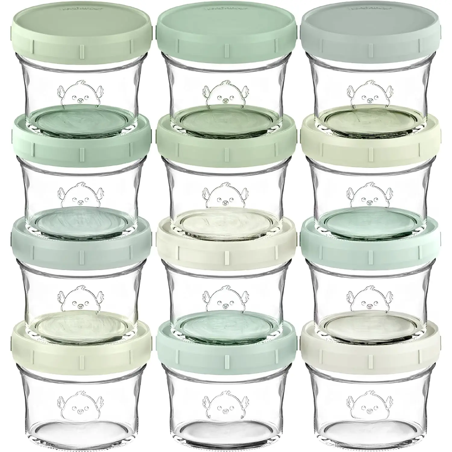 12pk 4oz Glass   Containers with Lids - Leak-Proof, Microwavable Small Glass Jars,  Purees &  Snack Storage Containers, , Dishwasher & Freezer Safe (Sage)