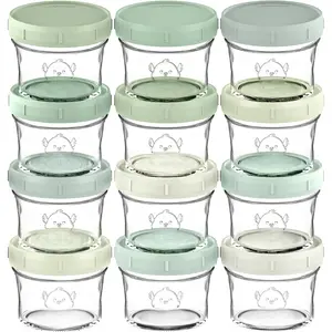 12pk 4oz Glass   Containers with Lids - Leak-Proof, Microwavable Small Glass Jars,  Purees &  Snack Storage Containers, , Dishwasher & Freezer Safe (Sage)