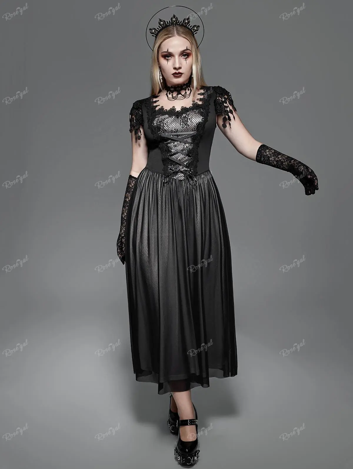 Rgothic Women's Gothic Guipure Lace Panel Mesh Tassel Lace-Up Maxi Dress -  Plus-Size, Adjustable, Formal,