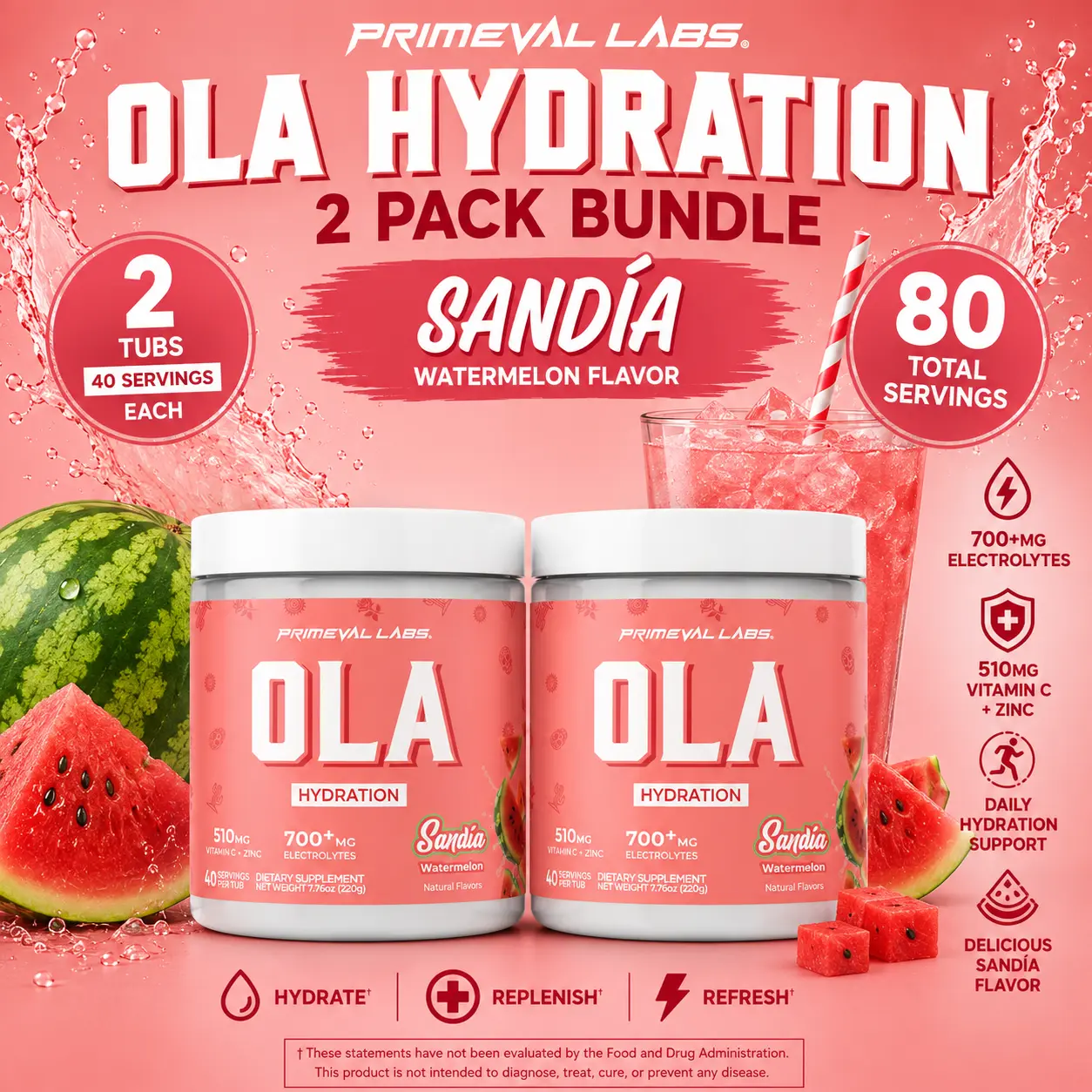 Primeval Labs OLA Hydration Sandía  – 2 Pack Bundle | 80 Servings | Sandía  Electrolyte Powder with Vitamin C + Zinc