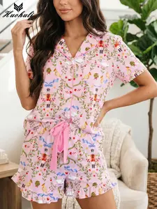 Women's Pink Nutcracker Pajamas Christmas Print Sleepwear Ribbon Tie Pjs Sets Short Sleeve Nightwear Two Piece Loungewear Holiday Party Outfits Relaxed Fitting Clothes Xmas Gift Suitsmer Home Clothes Relaxed Fitting Suits Casual Beach Wear