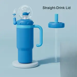 24oz Stainless Steel Whale Fountain Tumbler – Spill-Proof, Dual Lids, Durable Handle, Dishwasher Safe, Cute and Fun for Kids & Adults