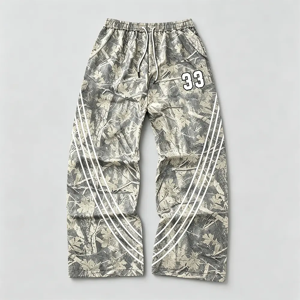 Vintage Tree Camo Wide Leg Sweatpants Y2K Streetwear Striped Drawstring Loose Trousers with Number 33 Print