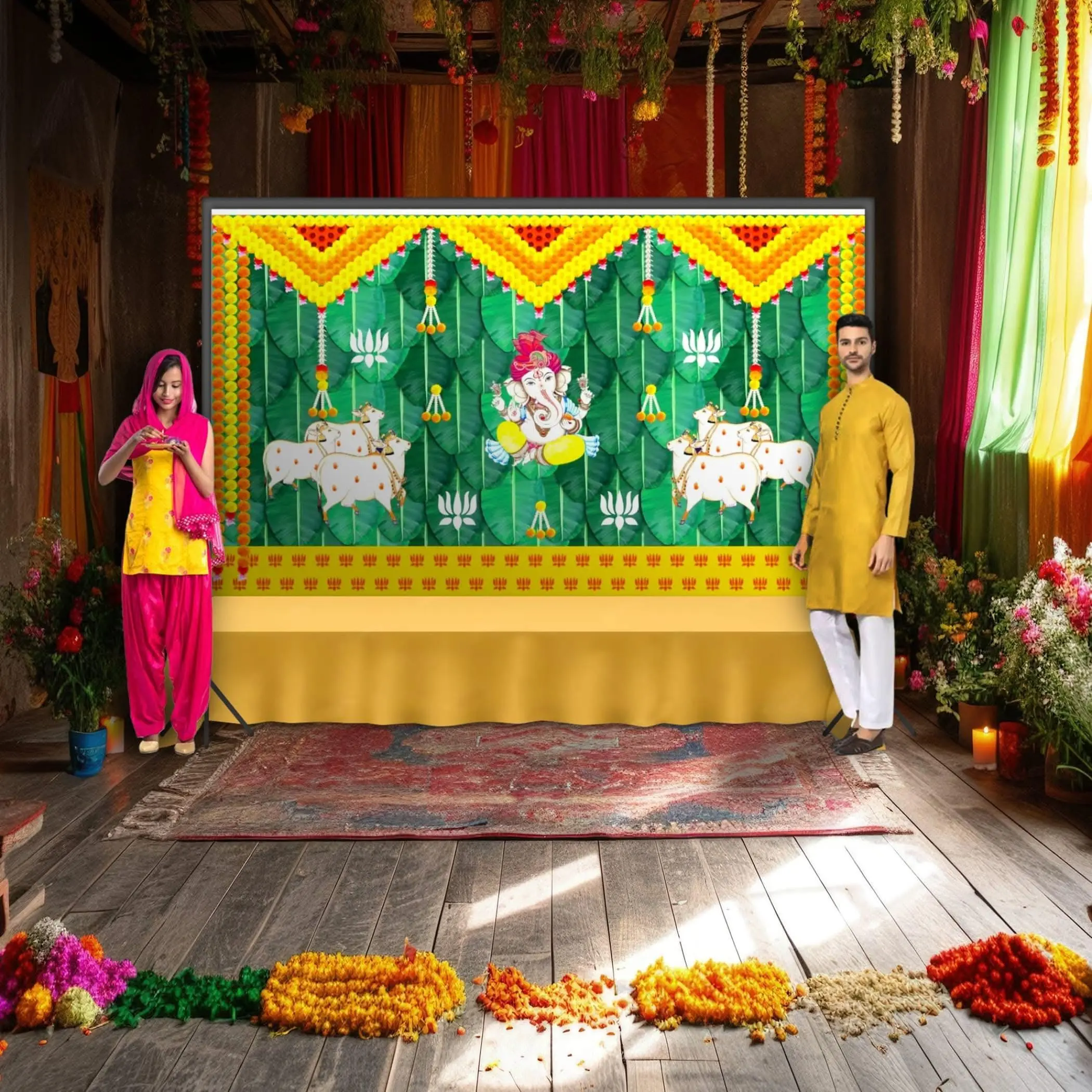 LoveNspire Elegant Ganesha & Cow Backdrop Banner, 5x8 Ft Traditional Home Decor - Sacred for Pooja, Festivals, Gift, Festive & Party Supplies