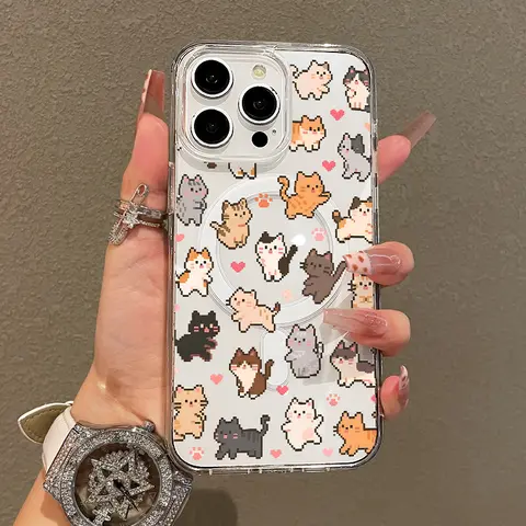 Soft Girl Magnetic Smartphone Case for iPhone 11/12/13/14/15/16/17 Pro Max, Pixel Cat Pattern MagSafe-Compatible Accessory, Lightweight, Shockproof, Drop-Resistant Device Cover for Teen Girls, Accessories