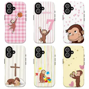 FL-Curious Georgeee Cute Cartoon Monkey Phone Case for Girls, Coquette Pink Gingham Heart Shockproof Cover For iPhone 11 12 13 14 15 16 17 Air Pro Max for Samsung S26 S25 S24 S23 S22 S21 Case,Gift for her/him/fans