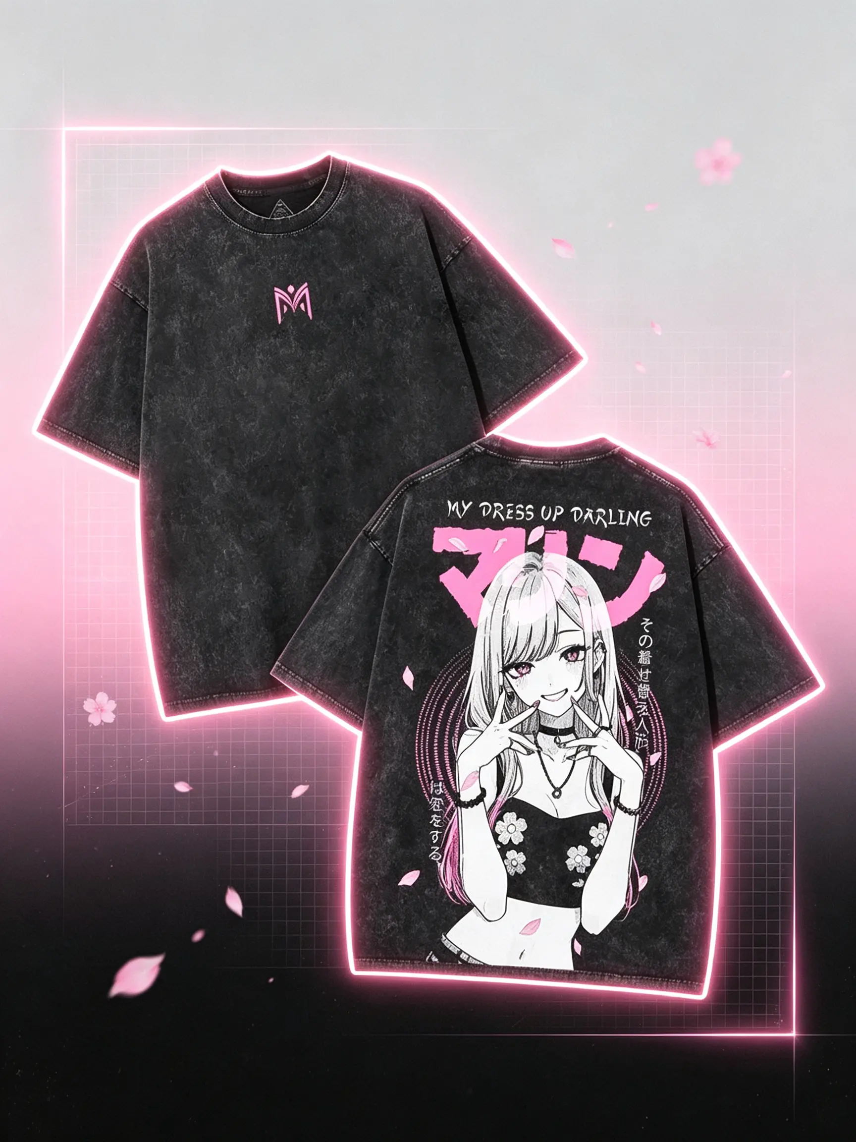 Men's Graphic T-Shirt, Oversized Washed 260GSM Cotton Short-Sleeve with Marin Kitagawa Pink Sakura Anime Back Art, Unisex Aesthetic Round Neck Streetwear