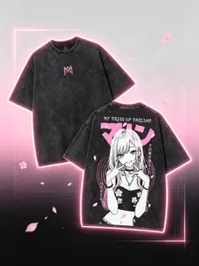 Men's Unisex Oversized 260GSM Cotton Washed Crew Neck Short-Sleeve T-Shirt - Marin Kitagawa My Dress-Up Darling, Pink Sakura Anime Back Art, 3XL Waifu Collector Streetwear, Casual All-Season Graphic Tee