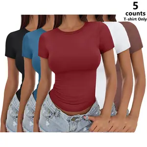 【Limited time deal】Women's Basic Stretchy Soft T-Shirts - Slim Fit Short Sleeve Round Neck Crop Top, Breathable Quick-Dry Workout Tee, Y2K Cute Casual Blouse (T-shirt only）