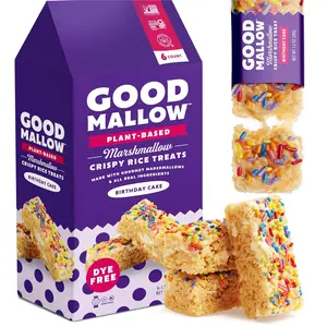 GoodMallow Vegan Rice Crispy Treats Individually Wrapped Box of 6, Kosher Vegan Snacks, Gluten Free Dairy Free Snacks for Kids & Adults - Healthy Sweets Made with Gourmet Marshmallows (Birthday Cake)