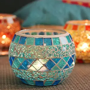 Mosaic Glass Votive Tea Light Candle Holder Jar for Wedding Centerpiece Party Table Valentines Day Decorations