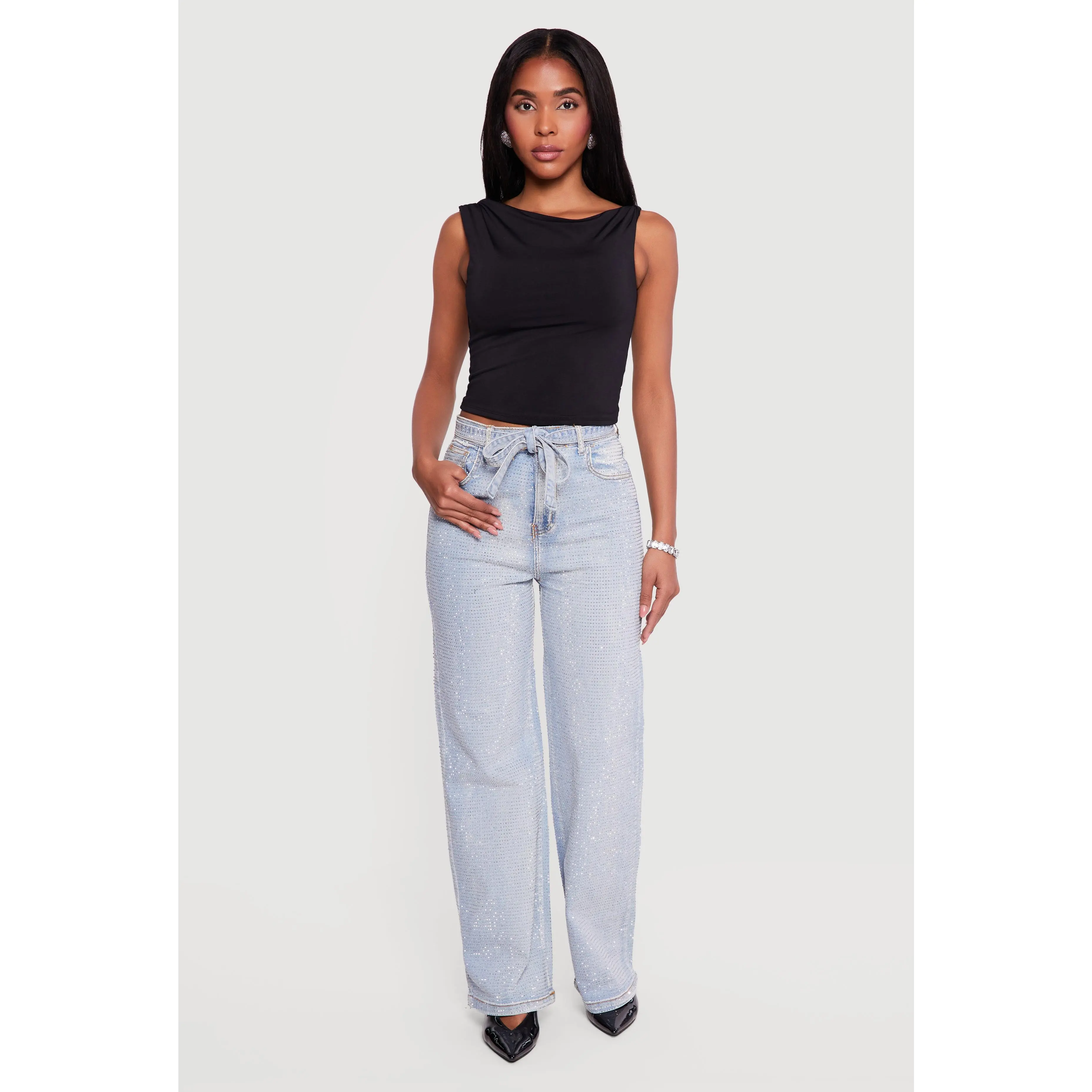 High Waisted Tie Waist Belted Rhinestone Studded Jeans
