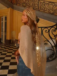 Women's Sparkling Sequin Scarf, Bohemian Mesh Long Shawl, Solid Color Fringe Scarf, Fashion Elegant Accessory