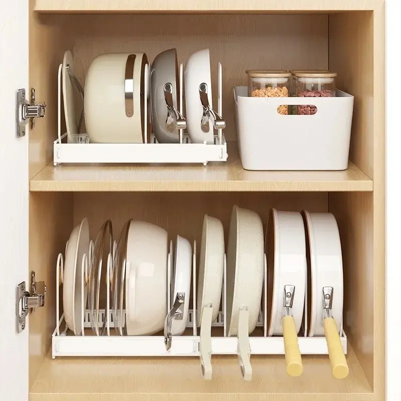 Square ABS Kitchen Organization Cabinet Slide Rack - 1-Layer Home Organizer with 7 Stainless Steel Dividers, 12"-22" Width Adjustment, 5 - 10 Kg Load Capacity, White Storage for Pot Lids/Baking Trays, Kitchen Accessories