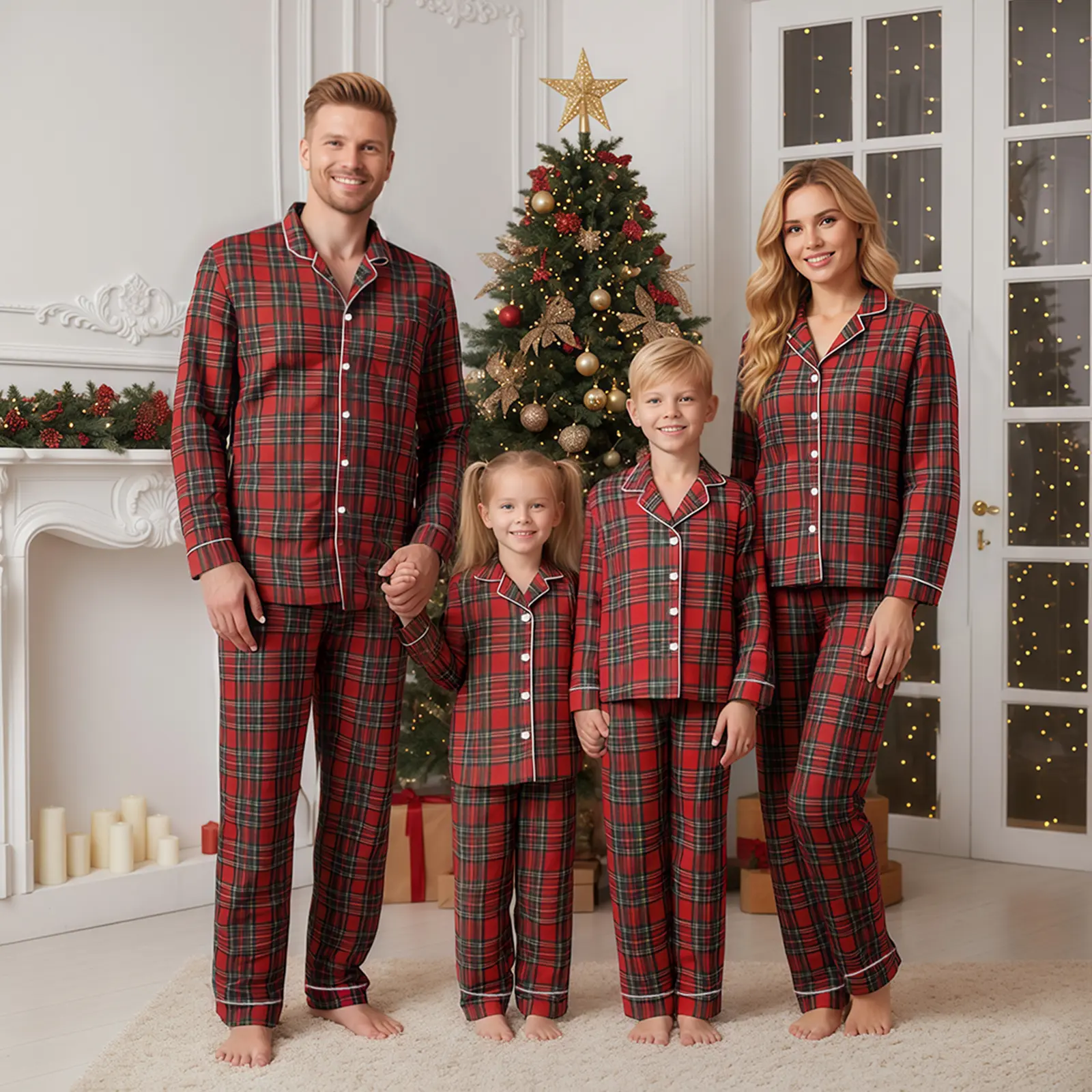 FOCUSNORM Merry Christmas Family Pajamas Set Christmas 2 Piece Plaid Sleepwear Button Down Pjs Set Long Sleeve Shirt Pant Set Party Sleepwear Loungewear Set