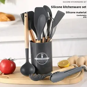 12-Piece Kitchen Silicone Utensils, Heat Resistant Wooden Handle Cooking Tools, Non-Stick Pan Special Set with Storage Bucket for Home, Nonstick Spatula