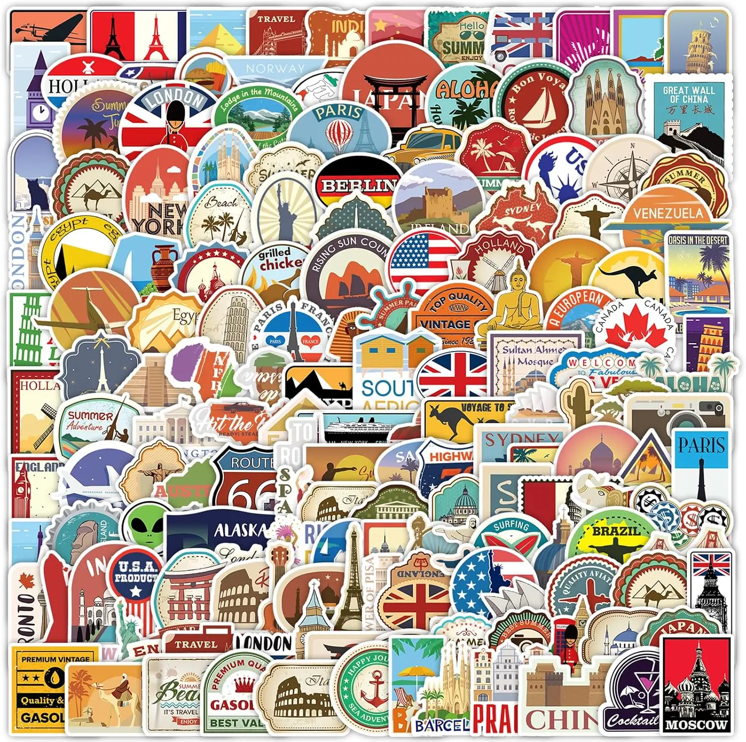 200Pcs Travel Stickers Pack, Sticker Famous City Landmark Waterproof Vinyl Travel Luggage Stickers for Suitcases Bottle Laptop Car Bike Scrapbooking.