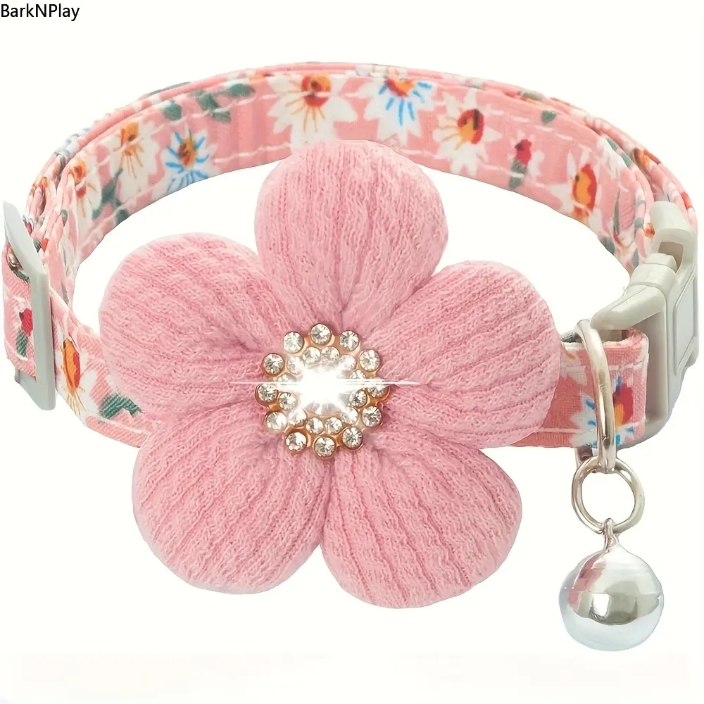 4pc Pet Collars, Cute Floral Print Polyester Set for Small Dogs & Cats, Adjustable with 3D Flower Charm & Detachable Bell, Cute Charm, 3D Flower Charms, Everyday Wear tiktokshopbacktoschool