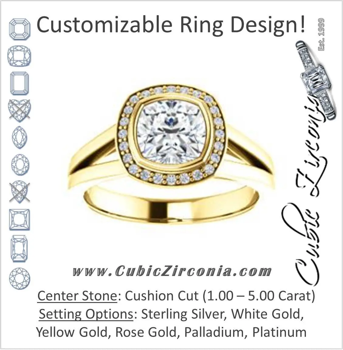 Cubic Zirconia Engagement Ring- The Blondie (Customizable Bezel-set Cathedral-style Cushion Cut with Halo Style and V-Split Band)