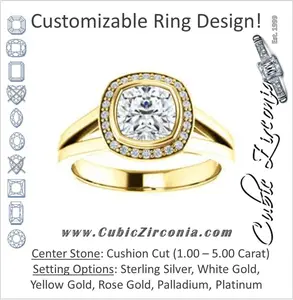 Cubic Zirconia Engagement Ring- The Blondie (Customizable Bezel-set Cathedral-style Cushion Cut with Halo Style and V-Split Band)