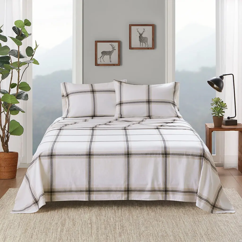 Woolrich WR20-3996 Queen Soft Bedding Set - Cotton Flannel Bed Sheets (90x102x0.13 in), Tan Plaid Bedding Component, Soft Bedding Sets