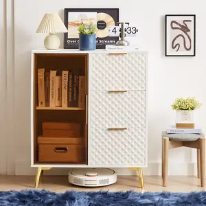 Deluxe Carved Modern Fashion Style Chest of Drawers with Aluminum Alloy Frame Tempered Glass Doors Three Drawer Chest with Metal Legs Adjustable Feet, White,31.5"L x 15.7"W x 37.6"H
