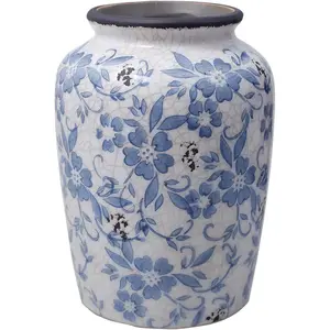 Light Blue White vase Flower Ceramic Porcelain  Chinoiserie Floral  8" H