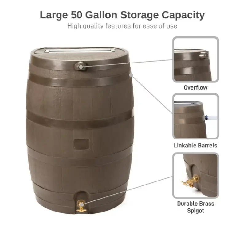 RTS Home Accents Polyethylene 50 Gallon Flat Back Brass Spigot Rain Barrel, Walnut Color