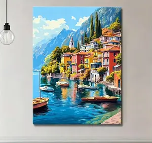 Lake Como Italy 2D Flat Surface Wall-Mounted Hand-Painted Canvas Poster with Wooden Frame - Landscape, Colorful, Classic Artistic, Decorative Graphic Prints for Bellagio Valnera Scenery, Home Office Decor