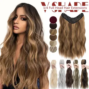 18in Clip In Hair Extensions Long Wavy V-Shaped Hair Extension One Piece Brown Blonde Highlight Synthetic Hair Extensions Curly Hairpiece With 5 Clips For Women Daily Party Festival Use